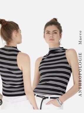 Maeve by Anthropologie Black & White Striped Mock-Neck Tank